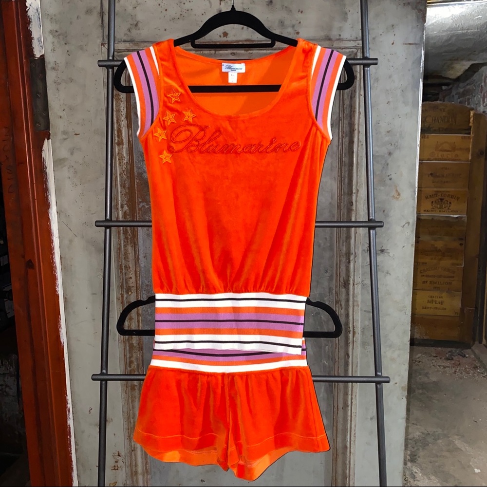 Blumarine Bright Orange Velour Tank & Shorts Set